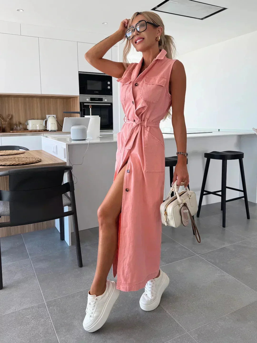 Effortless Denim Dress for Women with Collar Sleeveless Button Front Belted Style