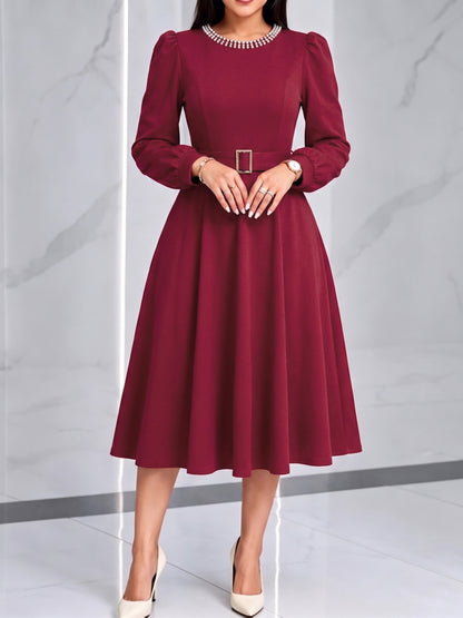 Elegant Burgundy A Line Christmas Party Dress for Women with Pearl Neck Lantern Sleeve Belted Flowing Style