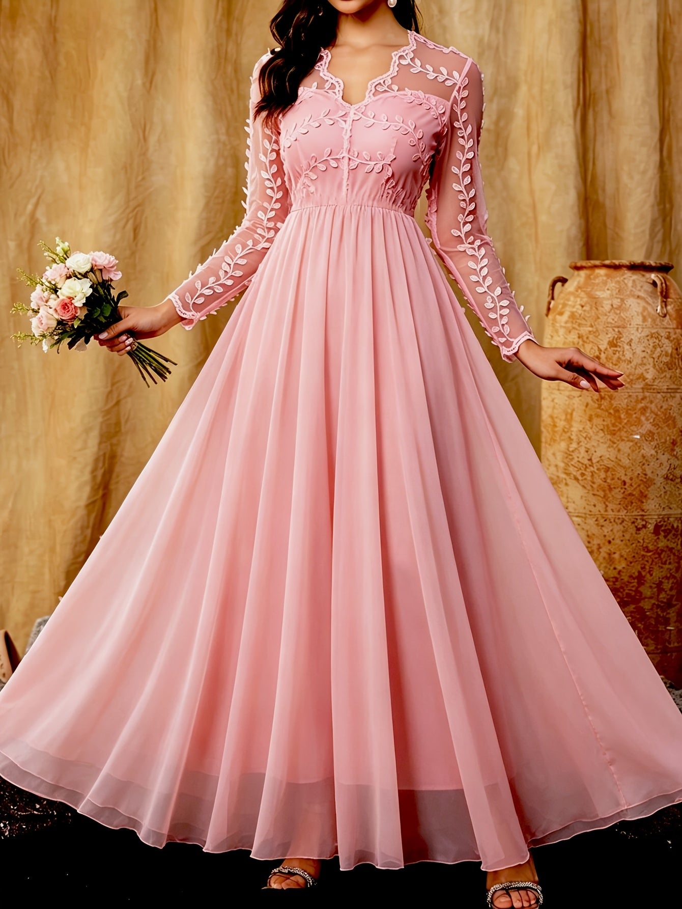 Elegant White Lace Wedding Gown for Women with V Neck Long Sleeve Sheer Applique Flowing Style