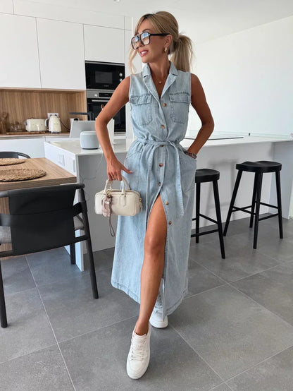 Effortless Denim Dress for Women with Collar Sleeveless Button Front Belted Style