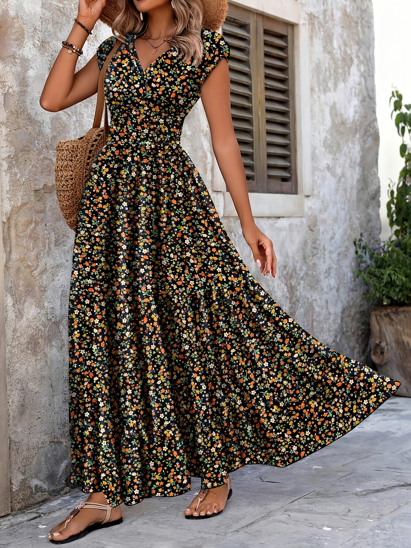 Effortless Floral Boho Dress for Women with V Neck Cap Sleeve Smocked Waist Tiered Flowing Style