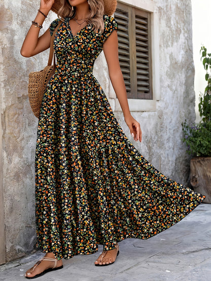 Effortless Floral Boho Dress for Women with V Neck Cap Sleeve Smocked Waist Tiered Flowing Style