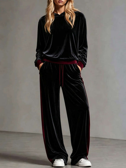 Cozy Velvet Colorblock Sweatsuit for Women with Hooded Long Sleeve Wide Leg Drawstring Two Piece Style
