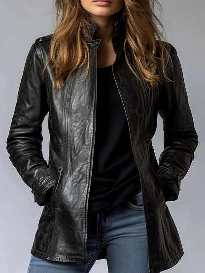 Chic Black Faux Leather Jacket for Women with Stand Collar Zip Front Fitted Casual Style