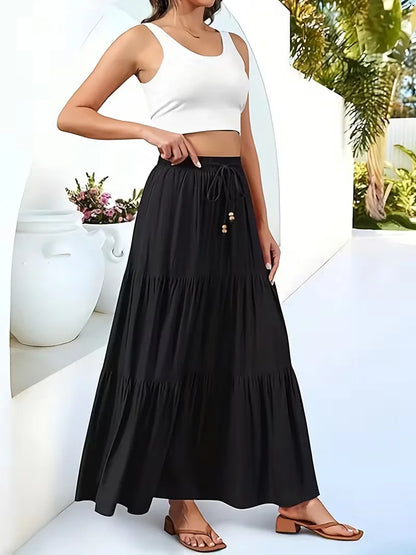 Effortless Tiered Maxi Skirt for Women with Drawstring Waist Ruffle Flowing Bohemian Style