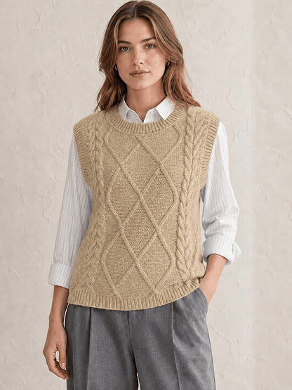 Cozy Cable Knit Sweater Vest for Women with Round Neck Sleeveless Diamond Relaxed Style