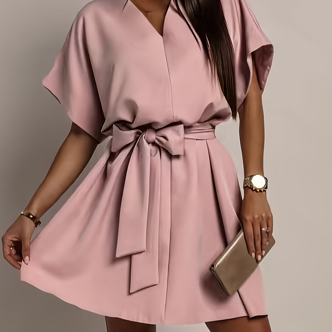 Elegant Light Pink Dress for Women with V Neck Batwing Sleeve Belted Flowing Style