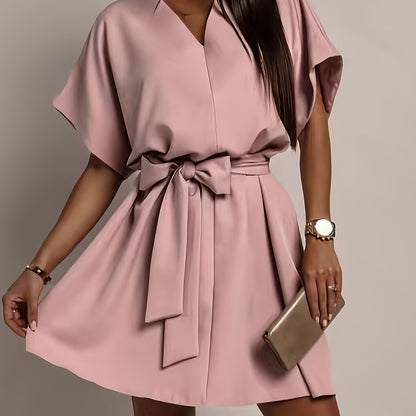Elegant Light Pink Dress for Women with V Neck Batwing Sleeve Belted Flowing Style