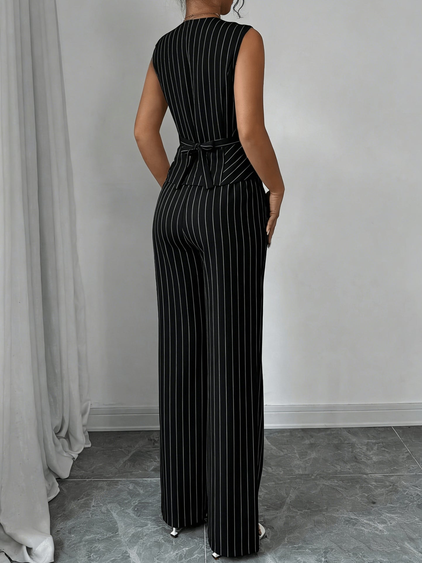 Elegant Grey Pinstripe Chino Pants Two Piece Set for Women with V Neck Button Front Vest Formal Style