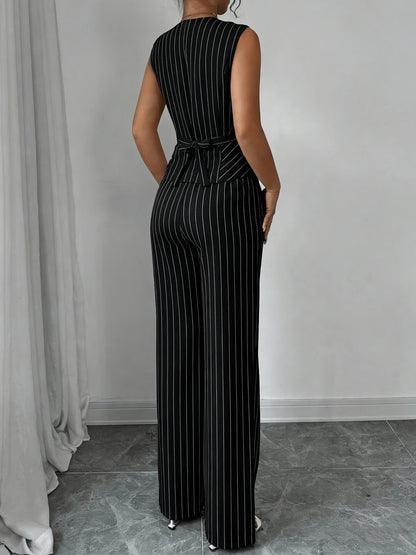 Elegant Grey Pinstripe Chino Pants Two Piece Set for Women with V Neck Button Front Vest Formal Style