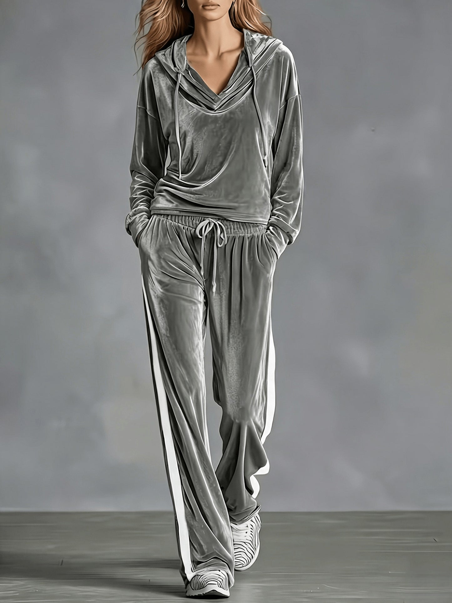 Cozy Velvet Sweatsuit for Women with Cowl Neck Long Sleeve Drawstring Side Stripe Relaxed Style