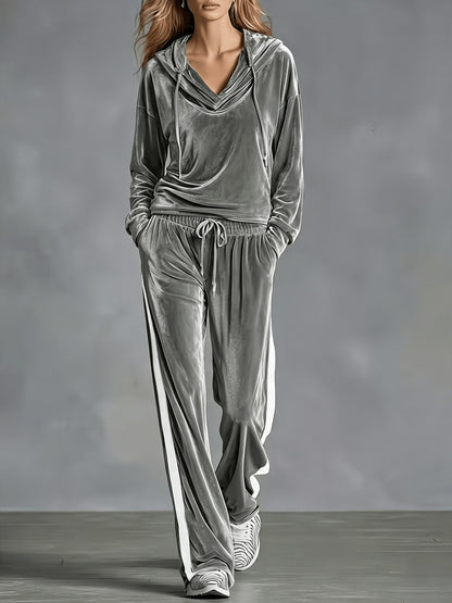 Cozy Velvet Sweatsuit for Women with Cowl Neck Long Sleeve Drawstring Side Stripe Relaxed Style
