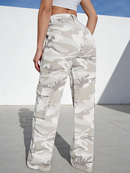 Effortless Grey Camo Pants for Women with High Waist Cargo Pocket Wide Leg Relaxed Style