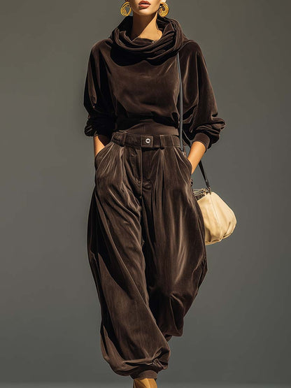 Elegant Velvet Two Piece Set for Women with Draped Cowl Neck and Wide Leg Trousers