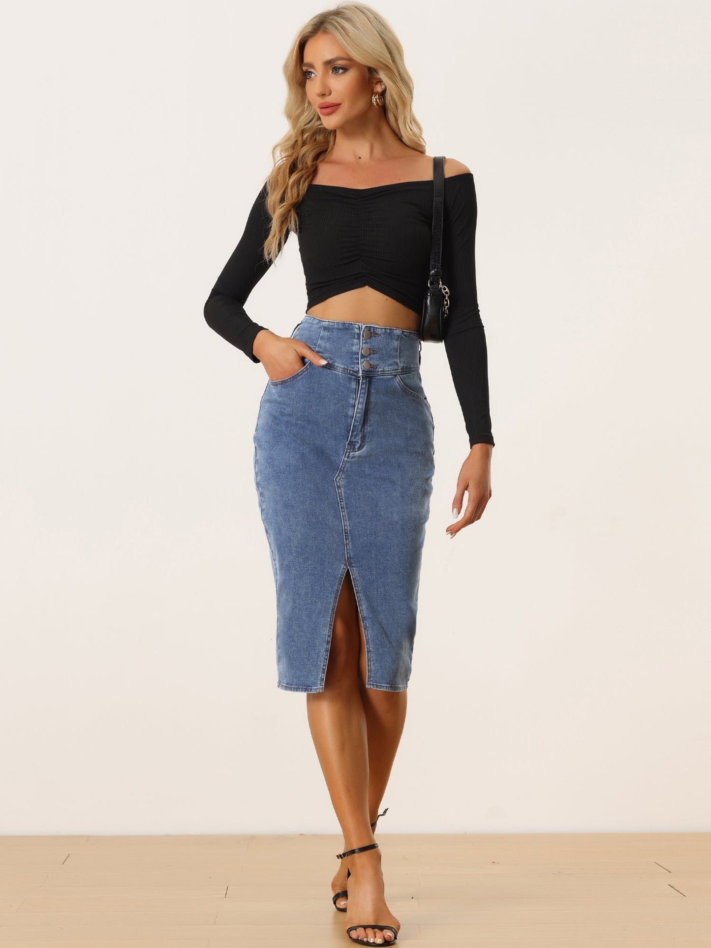 Effortless Jean Skirt for Women with High Waist Front Slit Midi Pencil Style