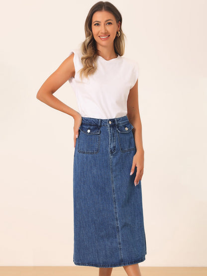 Effortless Denim Skirt for Women with High Waist Midi A Line Button Front Casual Jean Style