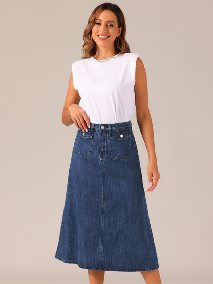 Effortless Denim Skirt for Women with High Waist Midi A Line Button Front Casual Jean Style
