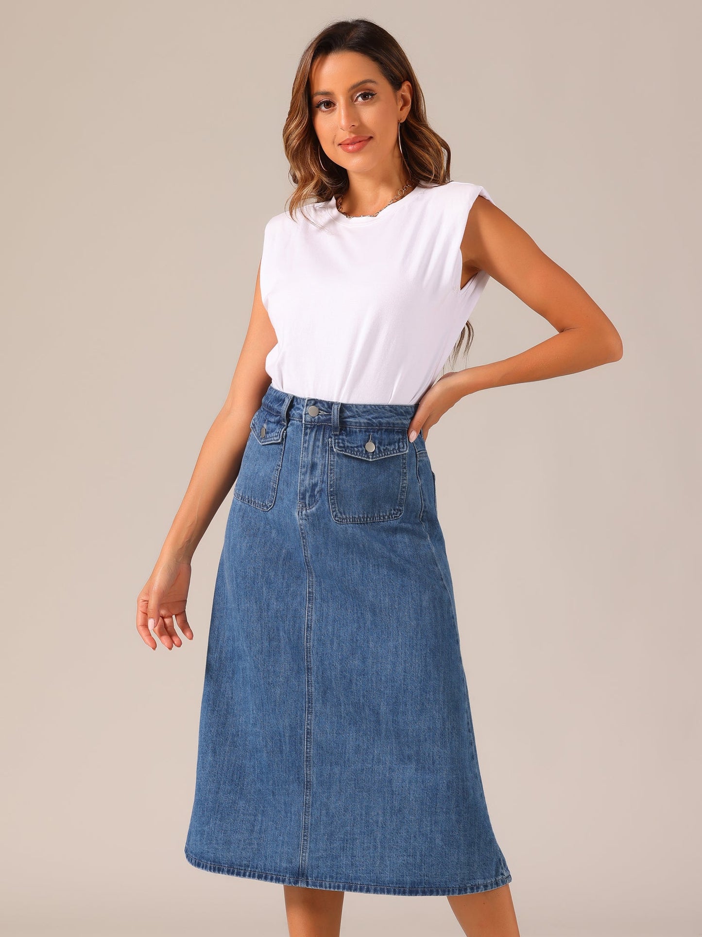 Effortless Denim Skirt for Women with High Waist Midi A Line Button Front Casual Jean Style