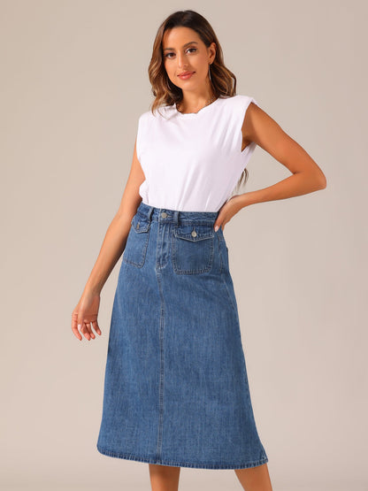 Effortless Denim Skirt for Women with High Waist Midi A Line Button Front Casual Jean Style