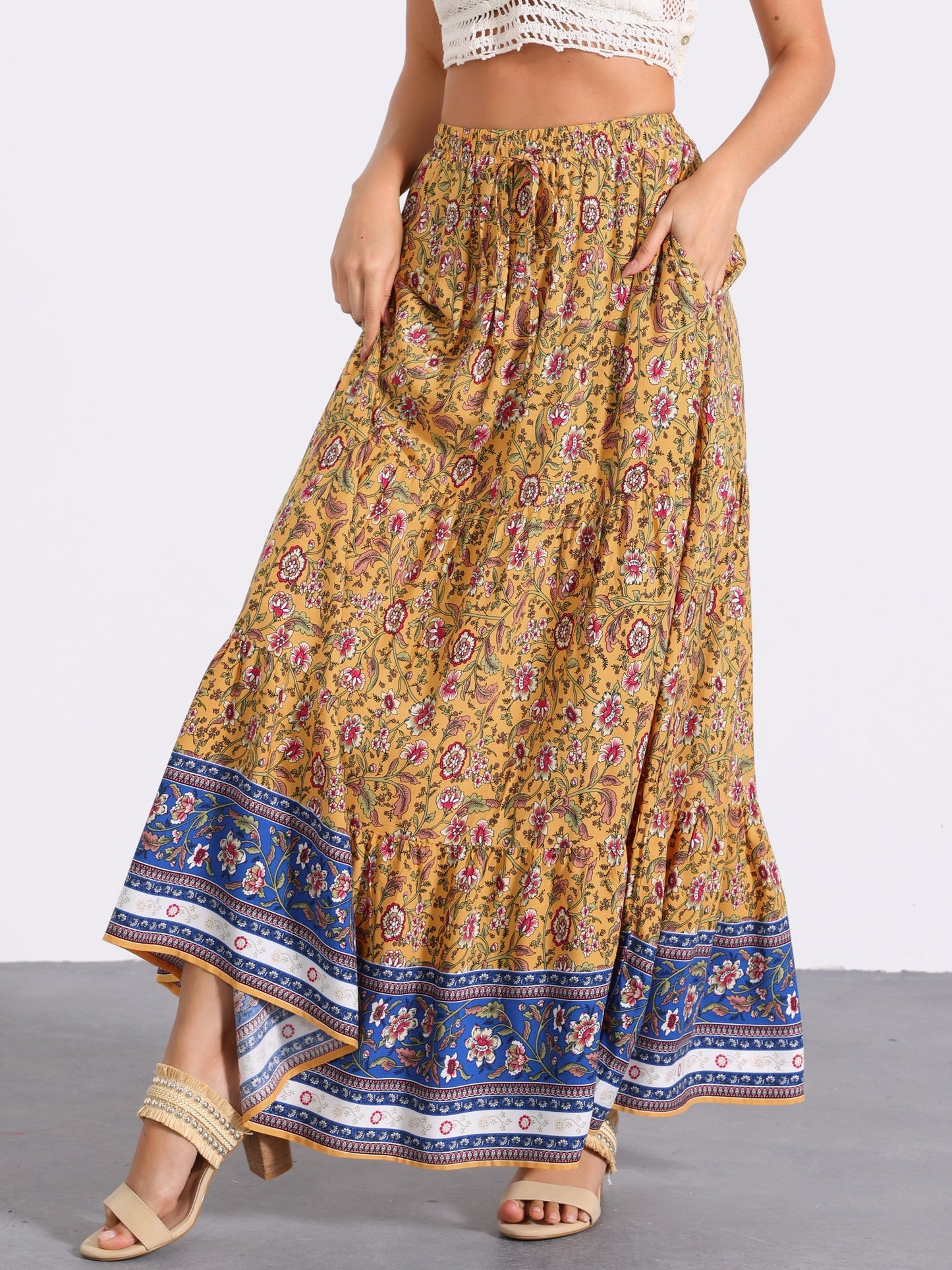 Effortless Printed Maxi Skirt for Women with High Waist Side Slit Flowing