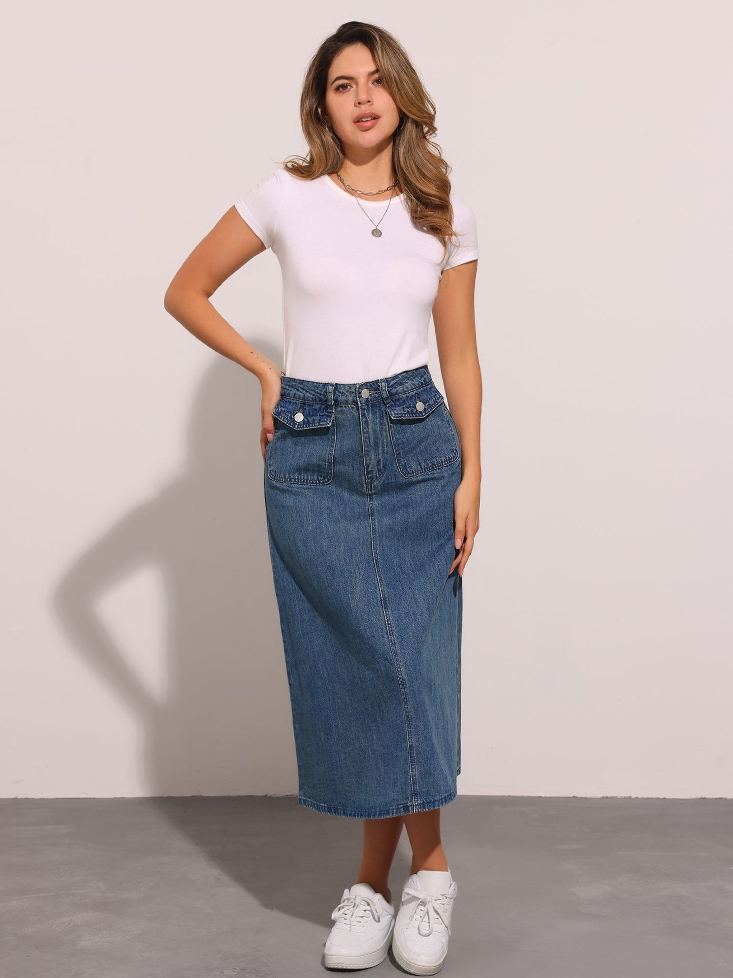Effortless Denim Skirt for Women with High Waist Midi A Line Button Front Casual Jean Style