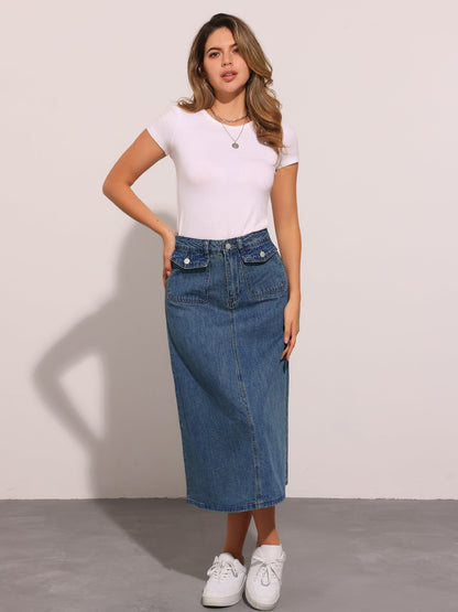 Effortless Denim Skirt for Women with High Waist Midi A Line Button Front Casual Jean Style