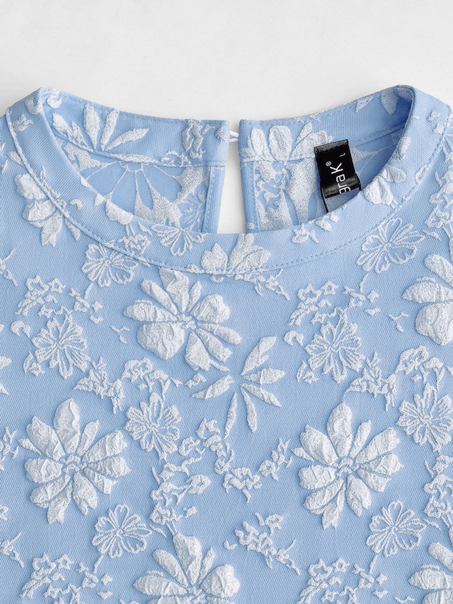 Elegant Mini Dress for Women with Puff Sleeve Floral Jacquard Round Neck Style