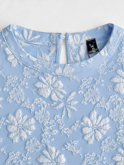 Elegant Mini Dress for Women with Puff Sleeve Floral Jacquard Round Neck Style