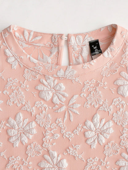 Elegant Mini Dress for Women with Puff Sleeve Floral Jacquard Round Neck Style