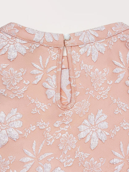 Elegant Mini Dress for Women with Puff Sleeve Floral Jacquard Round Neck Style