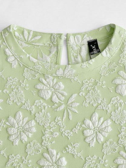 Elegant Mini Dress for Women with Puff Sleeve Floral Jacquard Round Neck Style