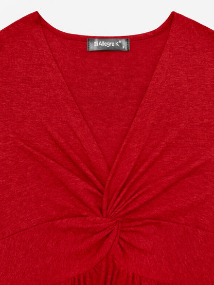 Elegant Red Dress for Women with V Neck Twist Front Short Sleeve Mini Style