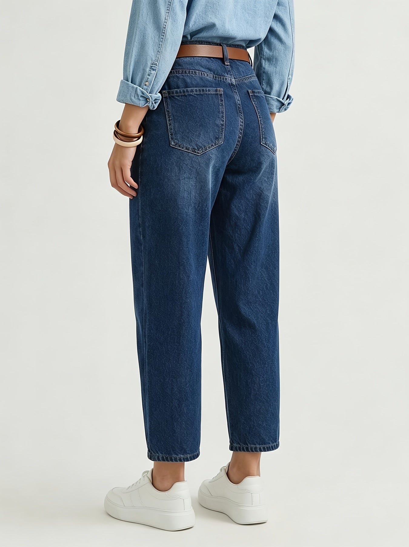Effortless Deep Blue Denim Mom Jeans for Women with High Waist Tapered Cropped Relaxed Style