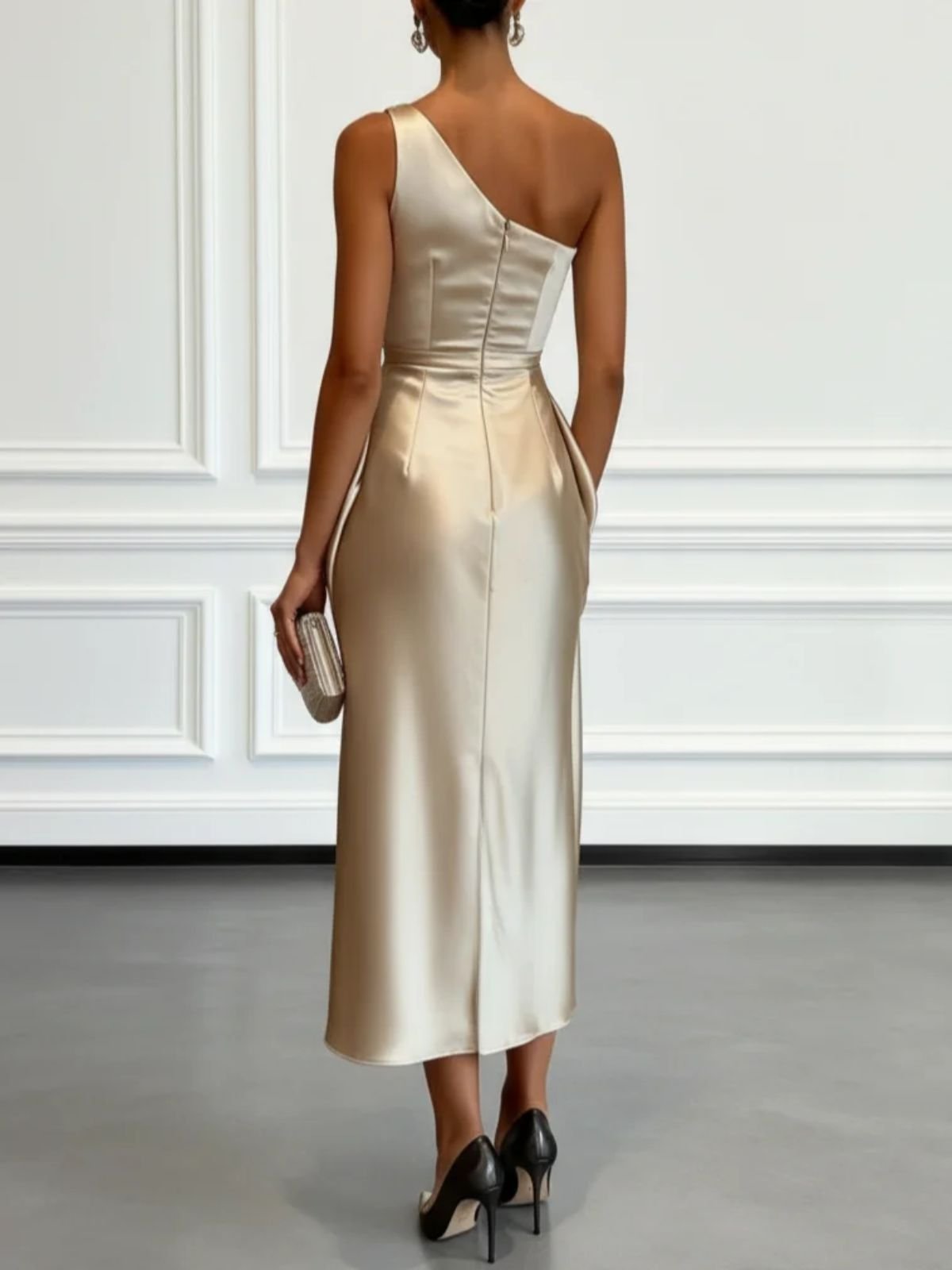 Elegant Champagne Wedding Guest Midi Dress for Women with One Shoulder Ruched Satin Formal Style