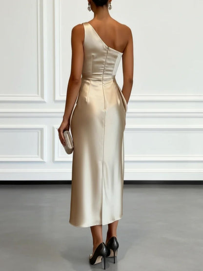 Elegant Champagne Wedding Guest Midi Dress for Women with One Shoulder Ruched Satin Formal Style
