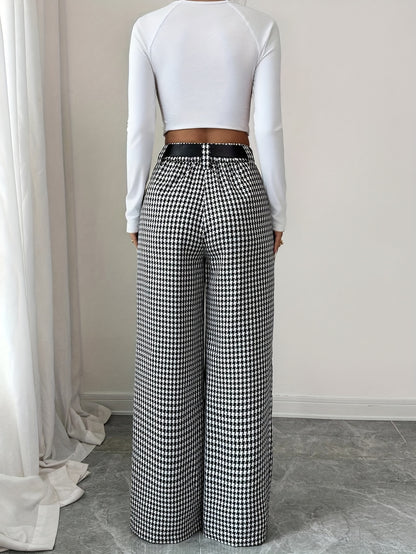Elegant Black And White Houndstooth Chino Pants for Women with High Waist Belted Wide Leg Casual Style