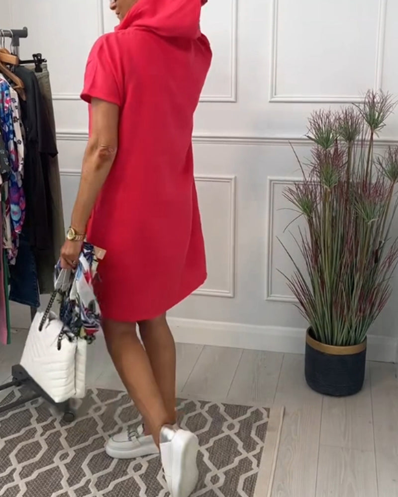 Comfortable Coral Hoodie Dress for Women with Drawstring Hood Short Sleeve Relaxed Shift Casual Style
