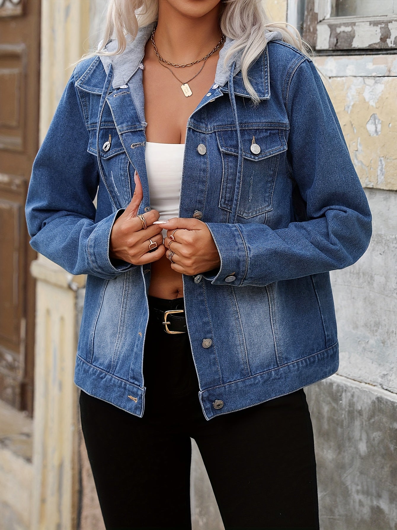 Effortless Blue Jean Jacket for Women with Hooded Collar Long Sleeve Button Front Relaxed Style