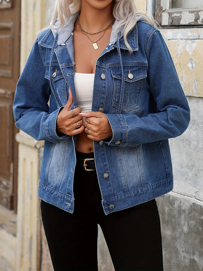 Effortless Blue Jean Jacket for Women with Hooded Collar Long Sleeve Button Front Relaxed Style
