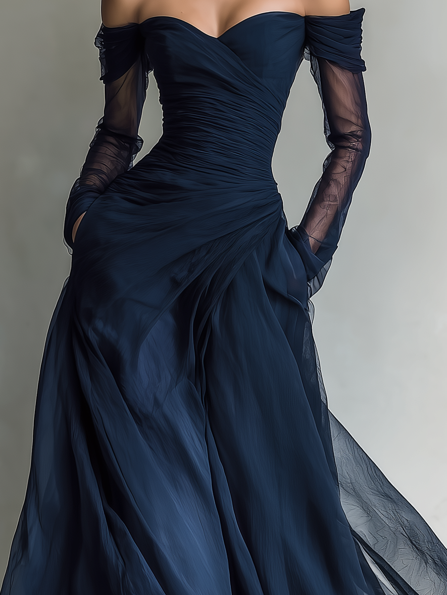Elegant Formal Wedding Guest Dresses for Women with Off Shoulder Sheer Long Sleeve Ruched Chiffon Fitted Maxi Style