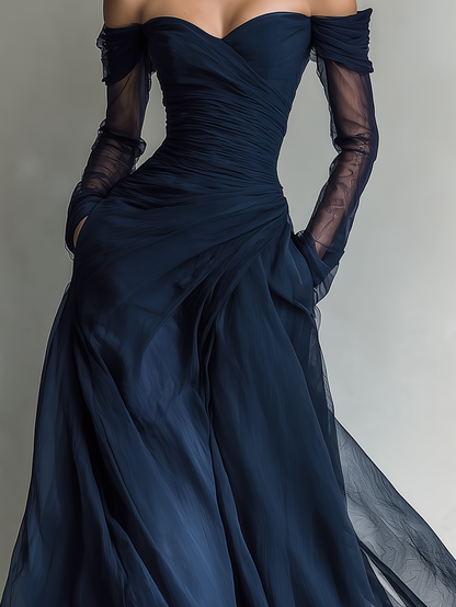 Elegant Formal Wedding Guest Dresses for Women with Off Shoulder Sheer Long Sleeve Ruched Chiffon Fitted Maxi Style
