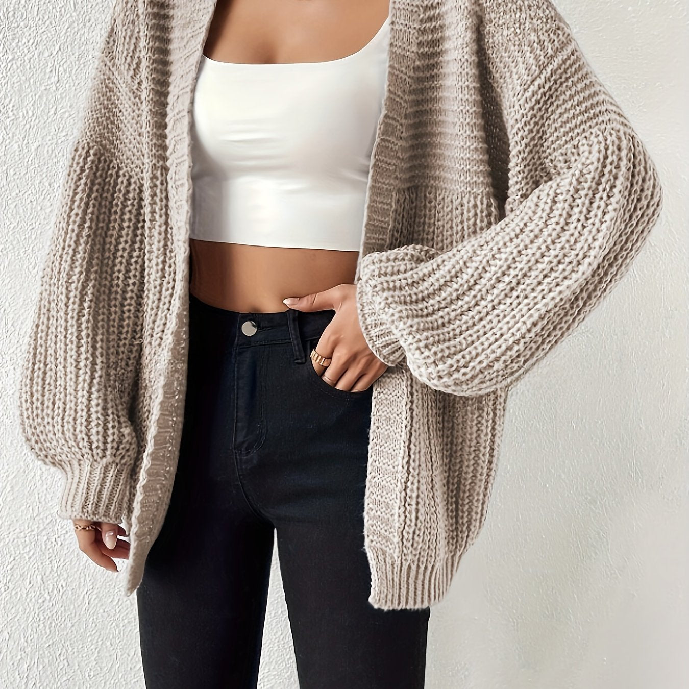 Comfortable Chunky Knit Cardigan for Women with Open Front Balloon Sleeve Oversized Relaxed Style