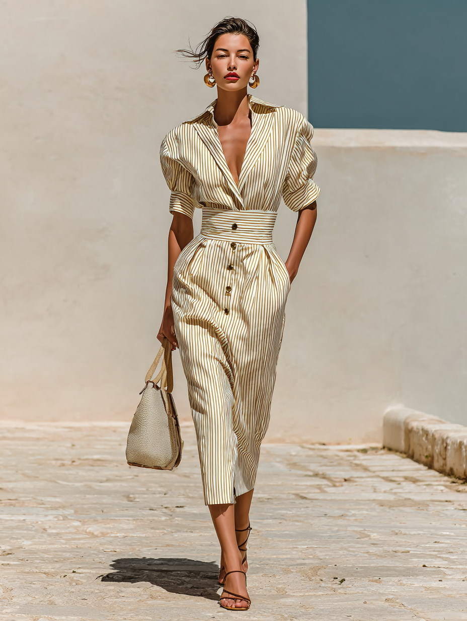 Stylish Striped Shirt Dress for Women with Lapel Collar Puff Sleeve Wide Belt Waist Button Front Casual Midi Style