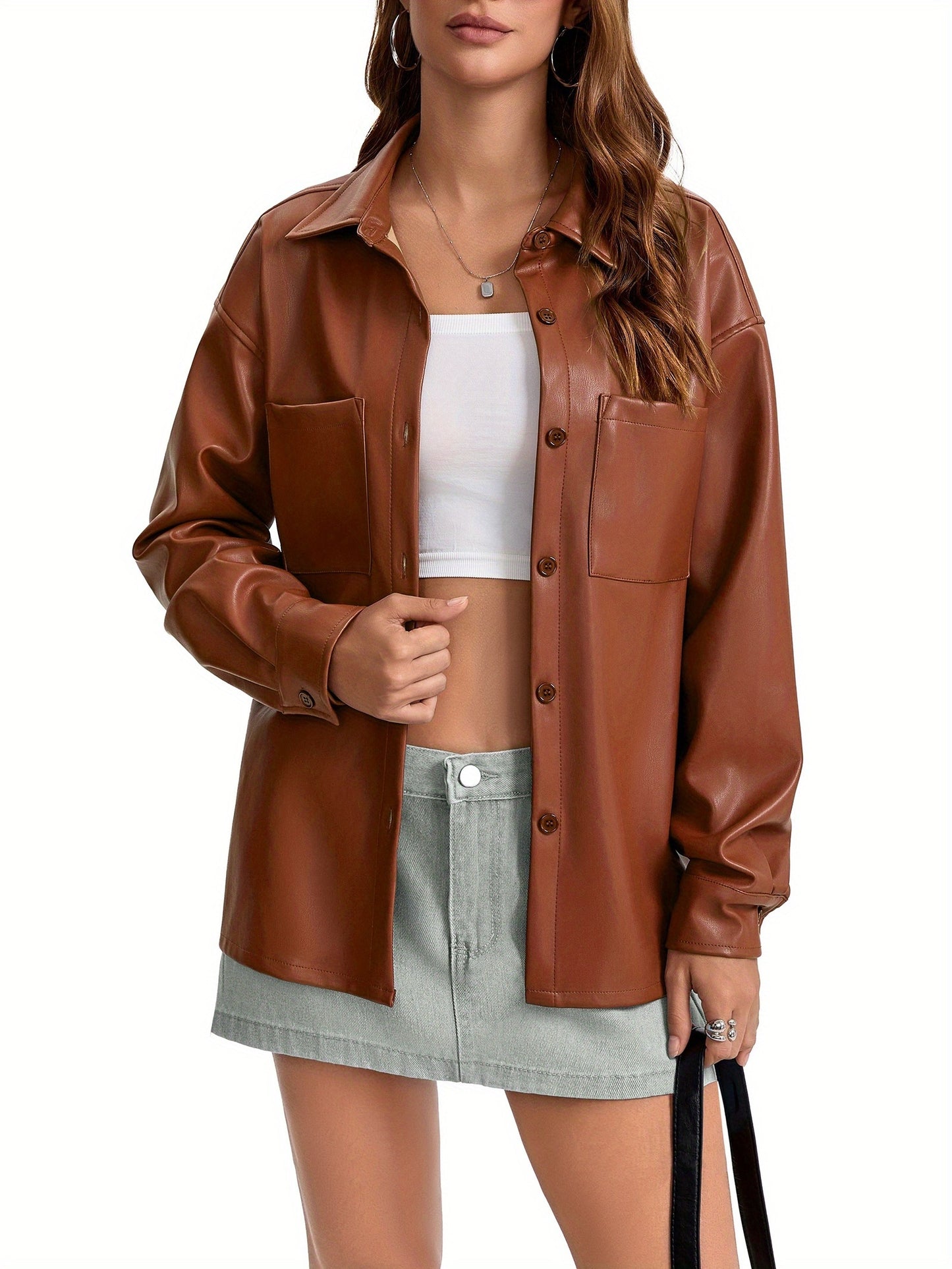 Effortless Leather Jacket for Women with Button Front Collared Oversized Shacket Style