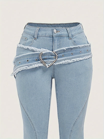 Elegant Light Blue Denim Flare Jeans for Women with Heart Buckle Frayed Belt Western Style