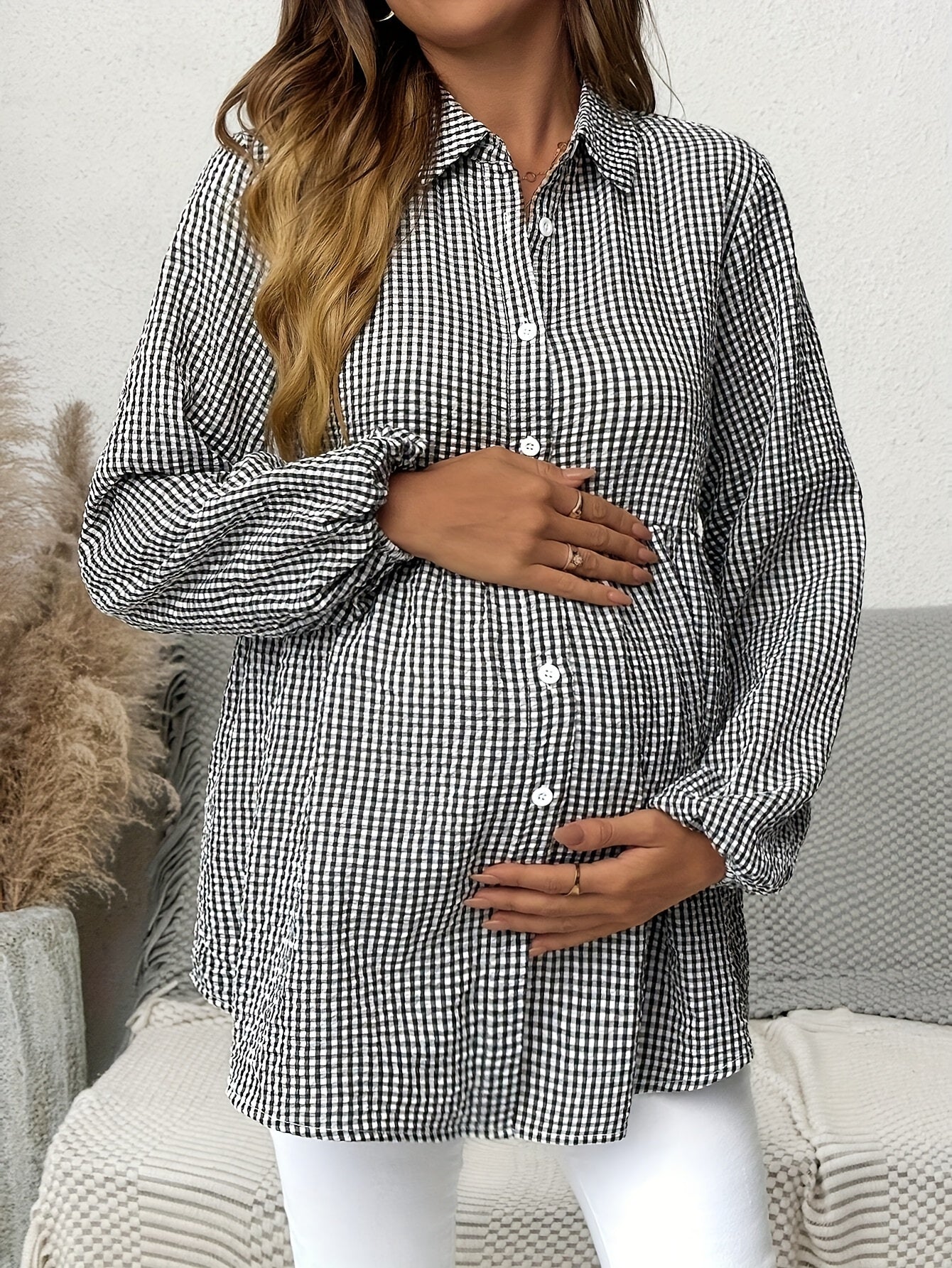 Effortless Gingham Maternity Blouse for Women with Collar Long Sleeve Button Front Babydoll Style