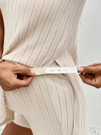 Effortless Ribbed Knit Maternity Two Piece Set for Women with Mock Neck Sleeveless Side Slit Relaxed Style