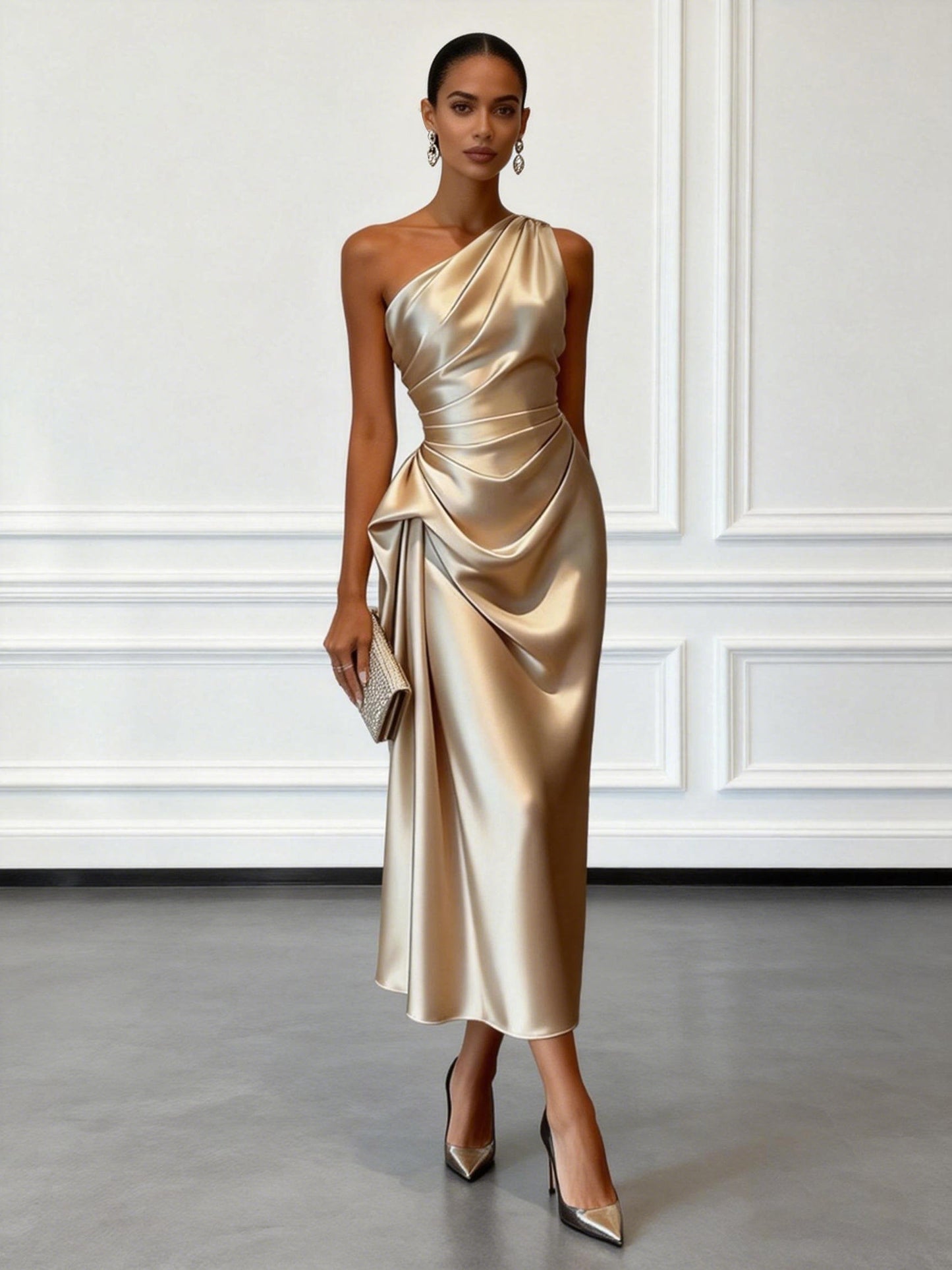 Elegant Champagne Wedding Guest Midi Dress for Women with One Shoulder Ruched Satin Formal Style