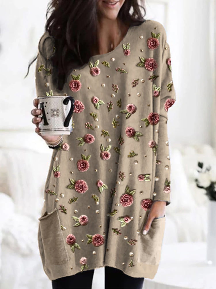 Elegant Coffee Embroidered Floral Tunic for Women with Round Neck Long Sleeve Pearl Embellished Relaxed Style