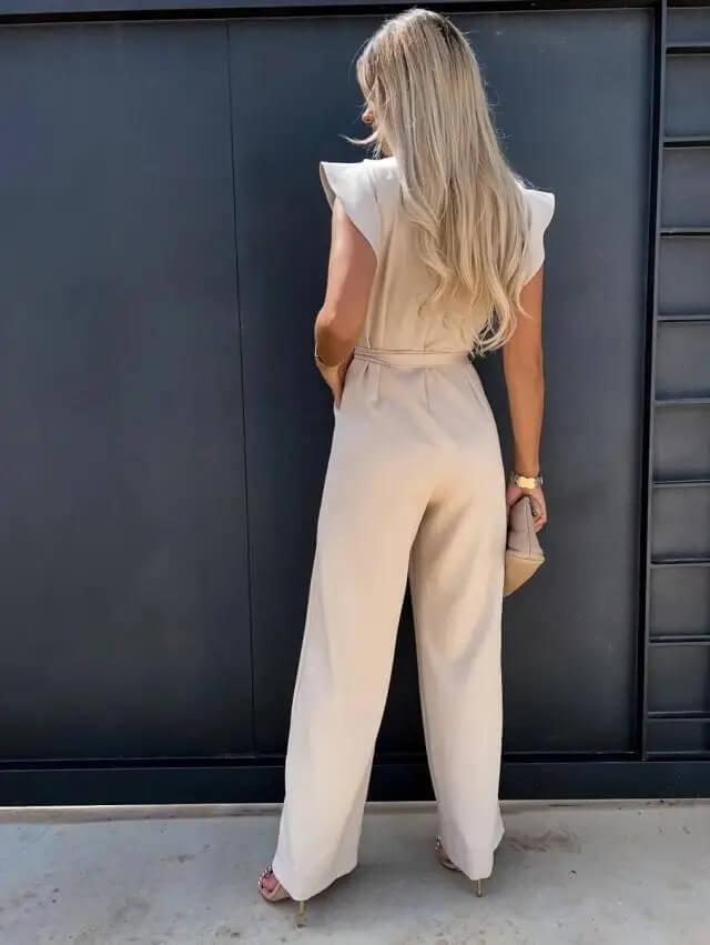Elegant Ruffle Sleeve Jumpsuit for Women with Round Neck Belted Wide Leg Flowing Style